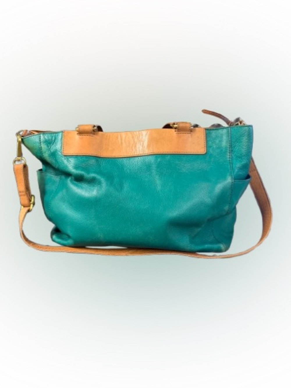 Fossil Rachel Tote Teal Leather Cognac Tan Shoulder Bag Two Tone
